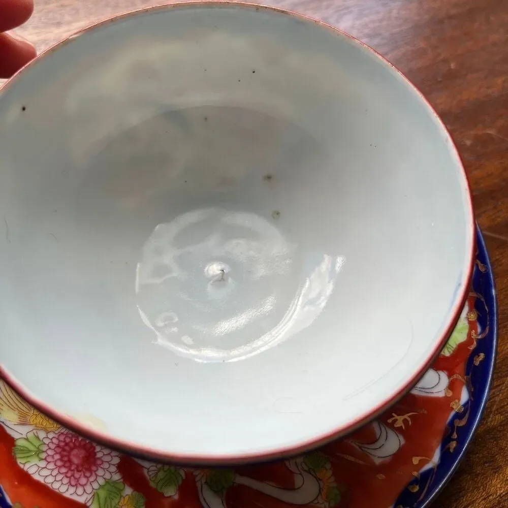 VTG Japanese Koi Fish Teacup & Saucer Set Red Floral Cobalt Rim Porcelain